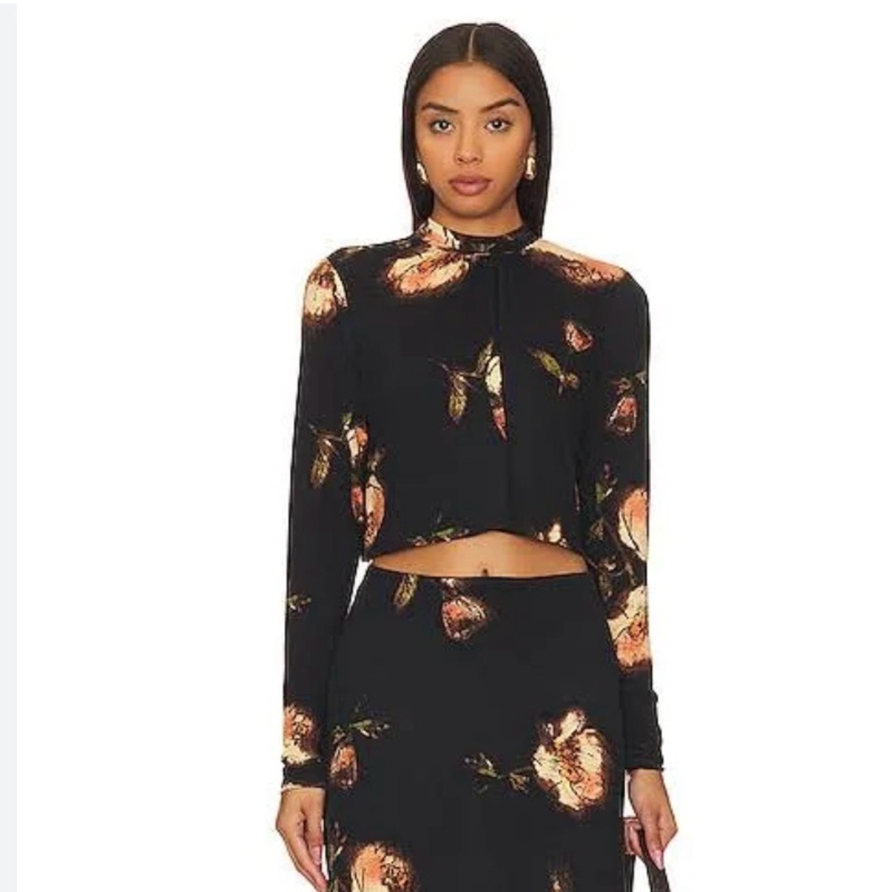 Free People‎ Black Tiered Trumpet Crop Top black floral large tie back EUC
